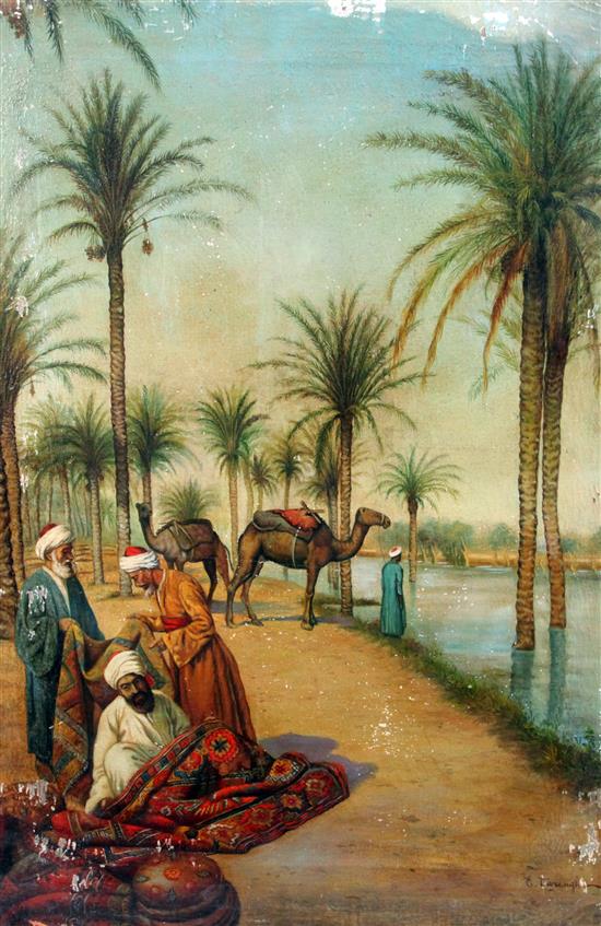 Enrico Tarenghi (Italian, 1848-1938) Arabs and camels beside the Nile, 31.5 x 22in., unframed